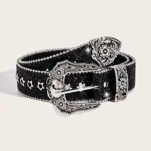 Punk Rhinestone Decor Studded Design Buckle BB Belt for Men & Women, Casual Fashion Y2k Western Belt for Galentines party & Daily Decoration, Summer 2025 Hippie Accessories for Jeans, Short Skirts