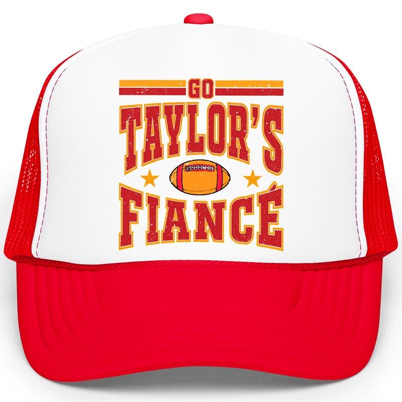 Go Taylor's Fiancé Football Season Trucker Hat - Kansas Football Red and Gold Cap - Funny Travis Fan Snapback for Women and Teens