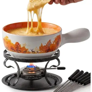 Swiss Fondue Set for Party 2L Large Capacity Ceramic Fondue Pot for Melting Cheese Chocolate with 6 Fondue Forks, Ideal for Fondue Party Wedding Gifts Autumn Amble