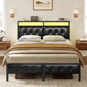 HAUSOURCE Bed Frame with Storage Headboard & Footboard Upholstered Platform Bed with LED Lights USB Ports & Outlets No Box Spring Needed（only bed frame）   Springtok Furniture Home Modern Design