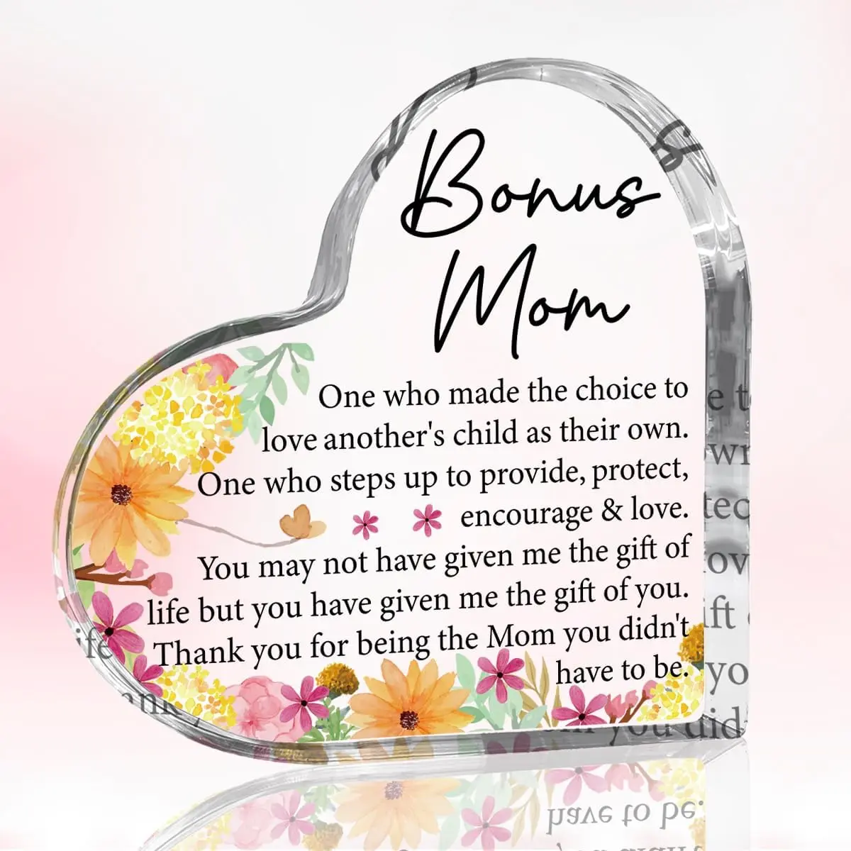 Bonus Mom Gifts Step Mom Christmas Birthday Appreciate Gifts for Stepped Up Mom from Daughter Son Heart Acrylic Mothers Day Decorations Sign for Home Office Desk Table Shelf 4 x 4 Inches