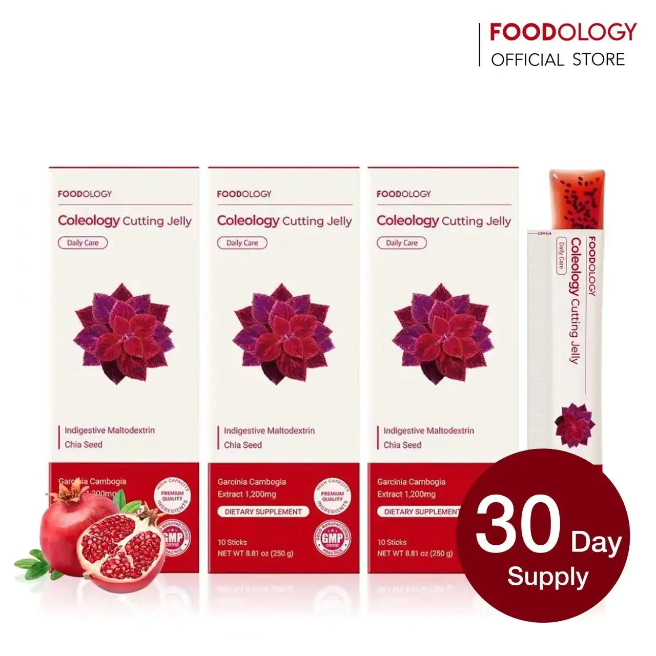Foodology Coleology Cutting Jelly Sticks, Garcinia Cambogia Extract 200mg with Indigestible Maltodextrin, Pomegranate Flavor Appetite Control Dietary Supplement, Portable Single Pack, 10 Sticks (250g), Made in South Korea
