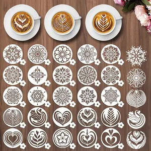 25 Piece Coffee Latte Art Templates, 10x9cm Round Reusable Painting Stencils, Leaf Heart Snowflake Swan Shapes for Coffee Drinks Baking Decor, Baking Supplies