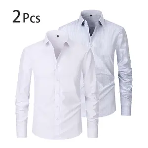 【2PCS】Mens  Dress Shirts 4-way Streth Long Sleeve Collared Solid Wedding Dating Button Down Shirts Casual Breathable Outfits Menswear camisas  mangalarga  para  hombres gifts for dad dad christmas gift