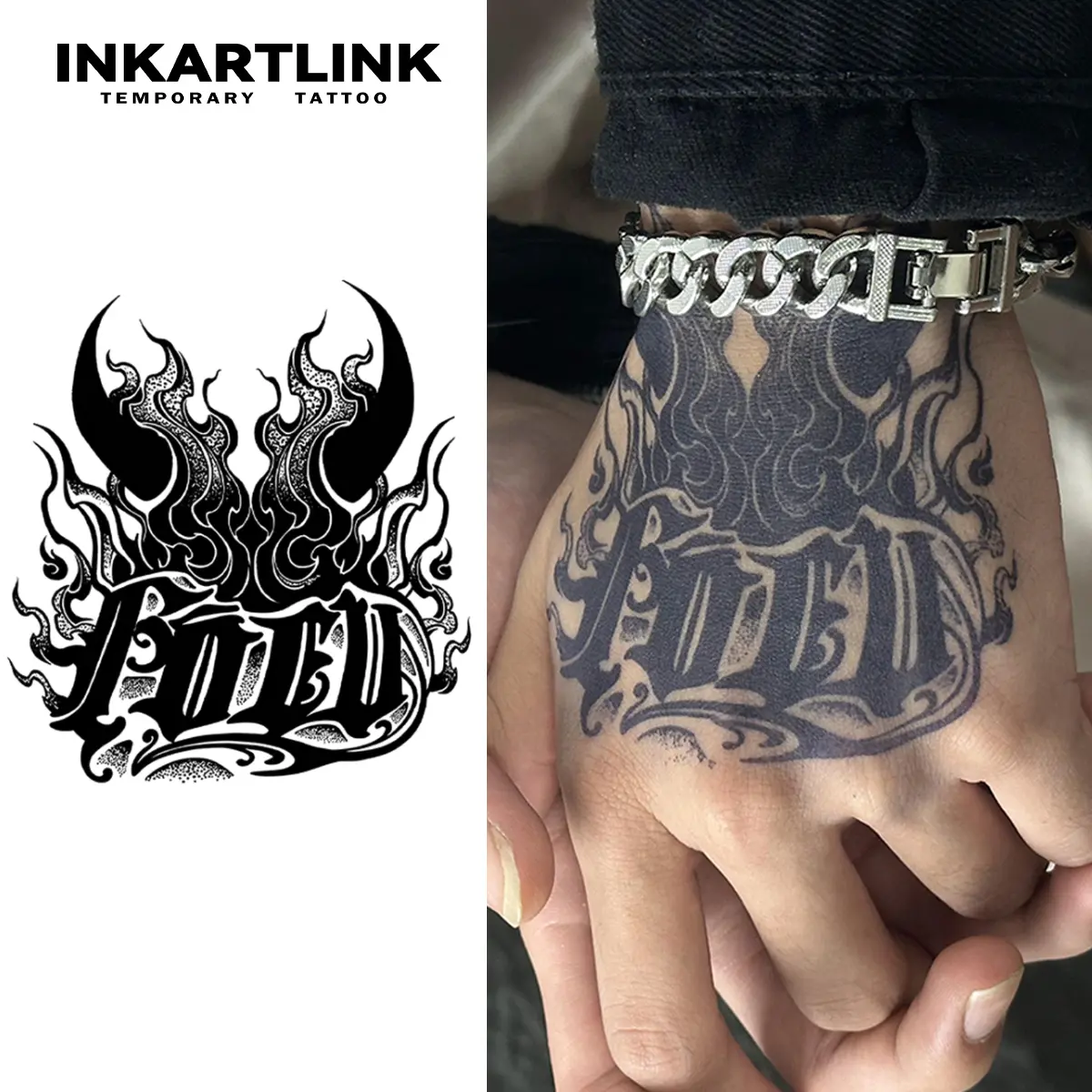 INKARTLINK Tattoo Tech, 2 Sheets Medium Semi Permanent Tattoo, Adult Art Design Temporary Tattoos, Lasts 1-2 Weeks, Waterproof, Realistic Look, No Adhesive, No Reflection (Bull Demon Design)
