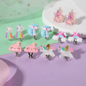 PinkSheep Bling Clip On Earrings for Girls 6 Pair Unicorn Rainbow Earrings with Soft Rubber Earring Pad, Nickel Free, Hypoallergenic, Great Gift