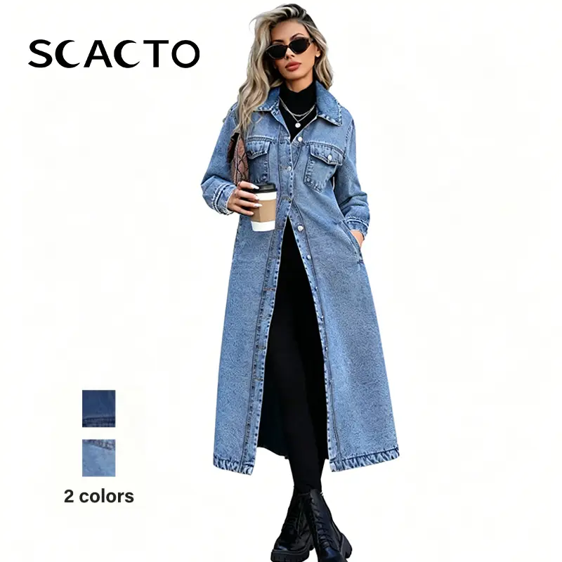 [Pre-Order] SCACTO Women's Collared Button-Front Cotton-Polyester Denim Trench Coat - Lady's Long-Sleeve Elegant Outerwear, Standard Sizes for Casual Outfits, Everyday Style & Multi-Season Elegance Use