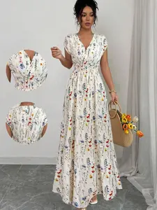 2026 Summer Women's Floral Print V-Neck Sleeveless Waist-Cropped Long Dress, Elegant Fit for Parties and Dates, Perfect for Special Occasions, Formal Evening Gown for Events, Formal Evening Attire