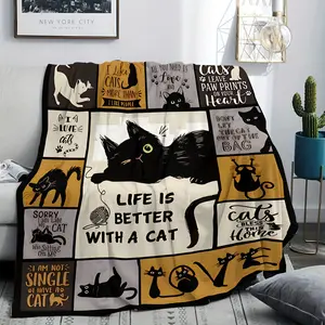 Whimsical Cat-Themed Throw Blanket - Cozy Flannel with Digital Print, Hypoallergenic & All-Season - Perfect for Sofa, Napping, Air Conditioning, Camping - Charming Gift for Cat Lovers