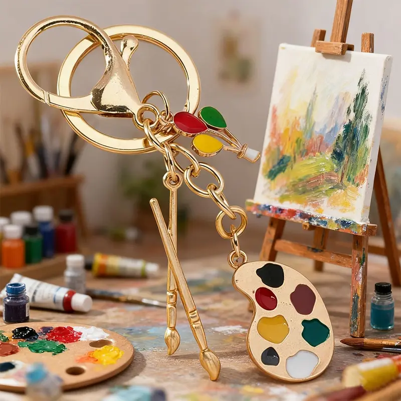 New fashion color palette keychain, painting tool brush keychain, car key ring, gifts for female and children art class painters, keychain jewelry, art class souvenir