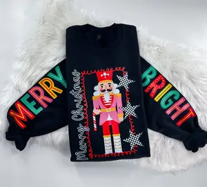 Merry Bright Nutcracker Checkered Christmas Gift Sweatshirt or Hoodie with sleeve print Comfy Sublimation Tops Unisex Oversized Pullover
