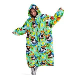 Hooded Blanket Wearable, Shark Print Hoodie Blanket, Soft Flannel Digital Print, Sofa Cover, Home Leisure, Air Conditioning, Nap, Office Bed Camping Travel Gift