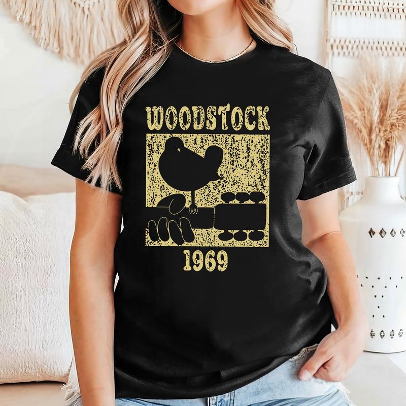 Woodstock 1969 Vintage Graphic T-Shirt Soft Cotton Regular Fit Short Sleeve Tee for Men & Women - Retro Peace Bird & Go-To Tee for Everyone