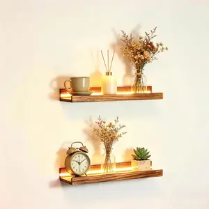 Floating Shelves with lights Wall Shelves for Decor Wall Mounted Wood Storage Shelf with Lip Book Shelves for Home,Bedroom, Living Room, Bathroom, Kitchen, Nursery, Display Picture Ledge Shelf 2pcs