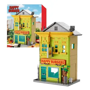 Happy Burgers Building Blocks Set, creative Architecture Street View Modular Modern Building Blocks Set, Houses Model Kits DIY Crafts Collectibles, Great Christmas/ Birthday/ Halloween/ New Year Gift and Collectibles Set for TV Fans, 1222PCS