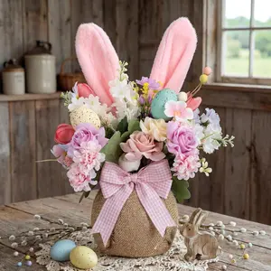 Easter Table Centerpieces Artificial Flower Bunny Ear Easter Vase Table Decoration Eggs Pastel Tabletop Flower Arrangement with Bow for Wedding Office Home Decoration
