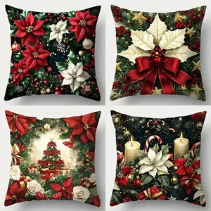 Set of 4 Christmas Cushion Covers, 45x45cm, Tree & Bow Design, Soft Plush Material, Hidden Zipper, Perfect for Home Decor