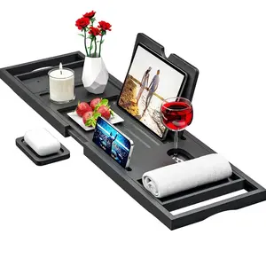 Premium Bathtub Tray Caddy - Expandable Bath Caddy Tray - Adjustable Bamboo Bath Caddy Tub Table - Unique House Warming Gifts New Home - Black