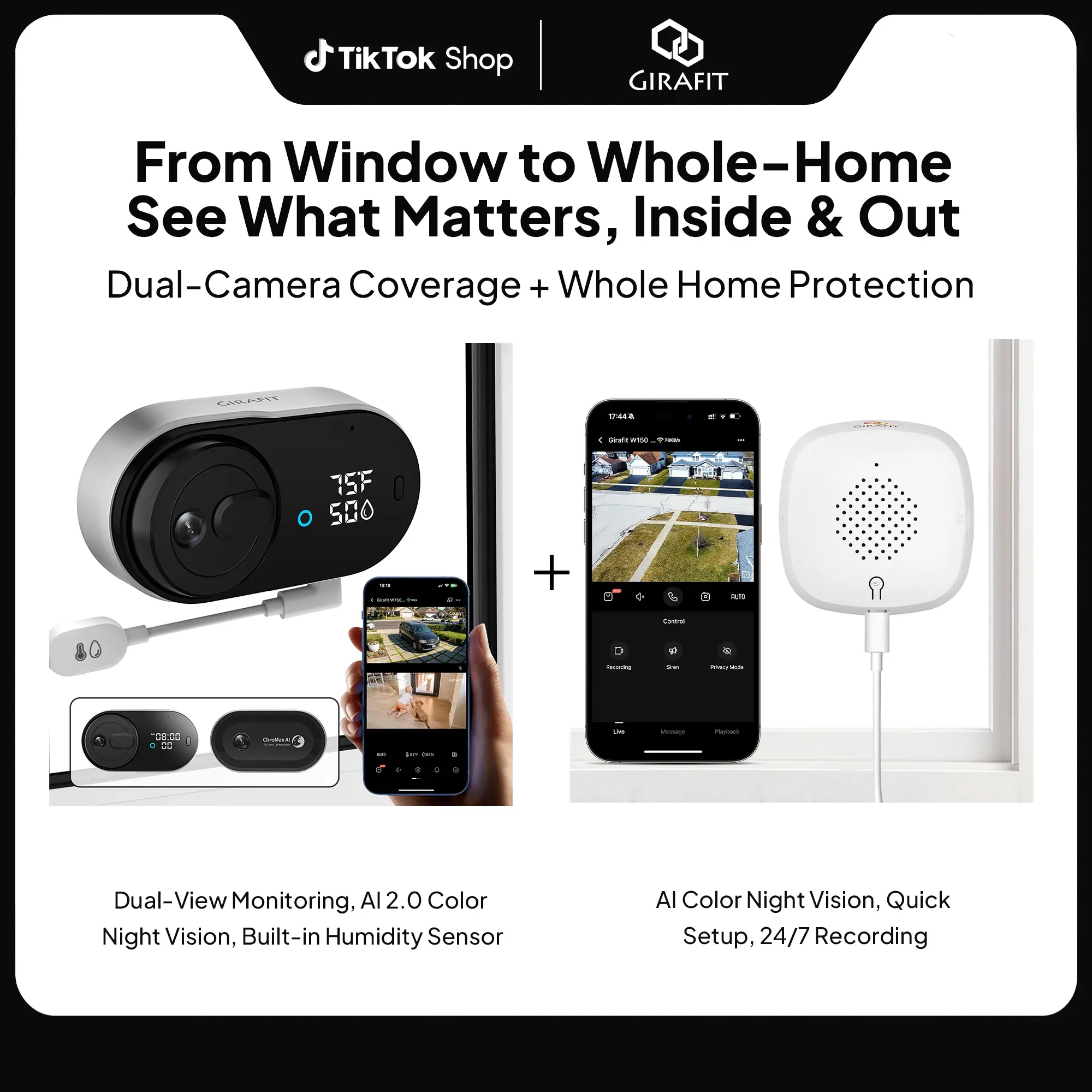 Girafit 5MP 3K Window Camera, 2.4GHz & 5GHz WiFi Indoor Cameras with Al Color Night Vision, Person & Motion Detection+3MP 2K Dual-View Window Home Security Camera - Surveillance Camera with 125 Wide Angle with Built-in Humidity Sensor