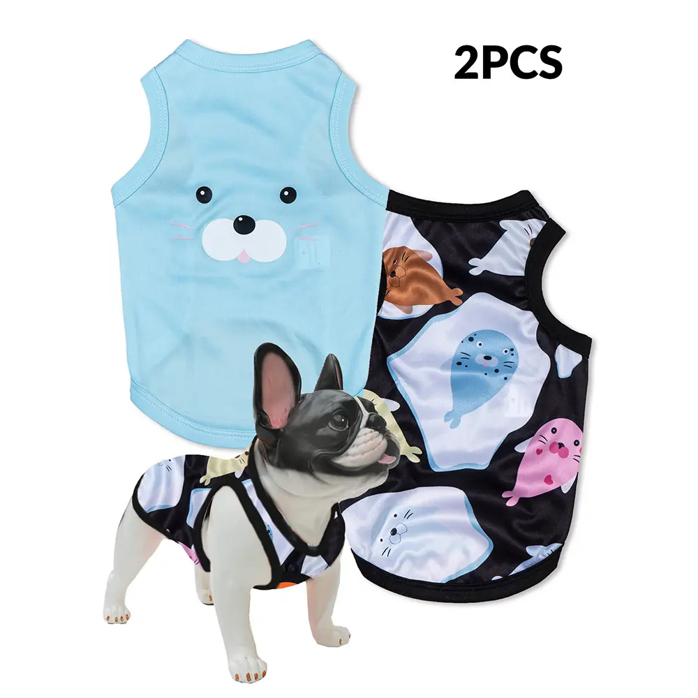2pcs Pet Tank Tops, Light Blue Seal Face & Allover Seal Print Vests, Breathable Shirts, Puppy Clothes for Small Dogs & Cats, All Seasons