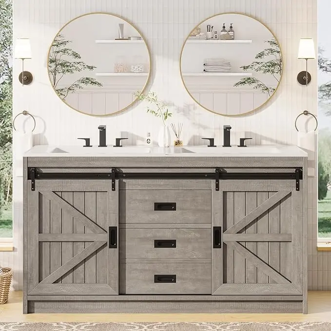 Amerlife Farmhouse Wood Finish Bathroom Vanity with Sink - 24/48/61in Slide-Mounted Sturdy Compartmentalized Storage Floor Cabinet with Drawers, Dual Basin Option, Ideal Home Gift