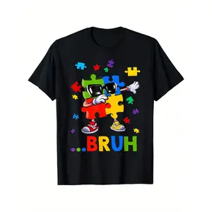 Bruh Dabbing Puzzle Autism Awareness Teens Boys Boys Girls T-Shirt, Suitable for unisex personality casual round neck outdoor short-sleeved t-shirt, slightly elastic, 100% cotton, S-XXXL y2k  outfits  men time  tee   double Sweatshirts Hoodie