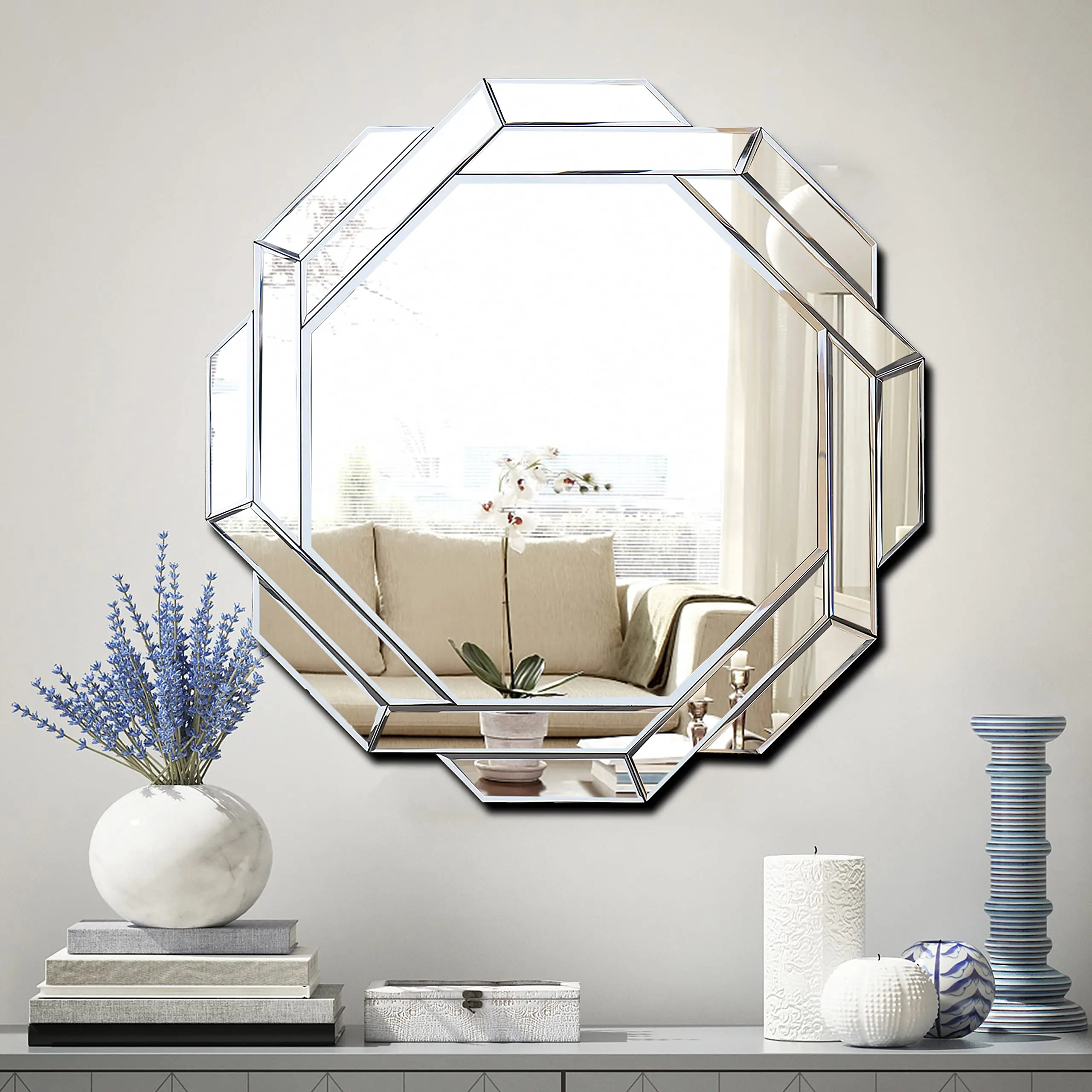 Polished Silver Modern Hexagon Decorative Wall Mirror for Interior Use, 27.6x27.6" Indoor Furniture Accessory