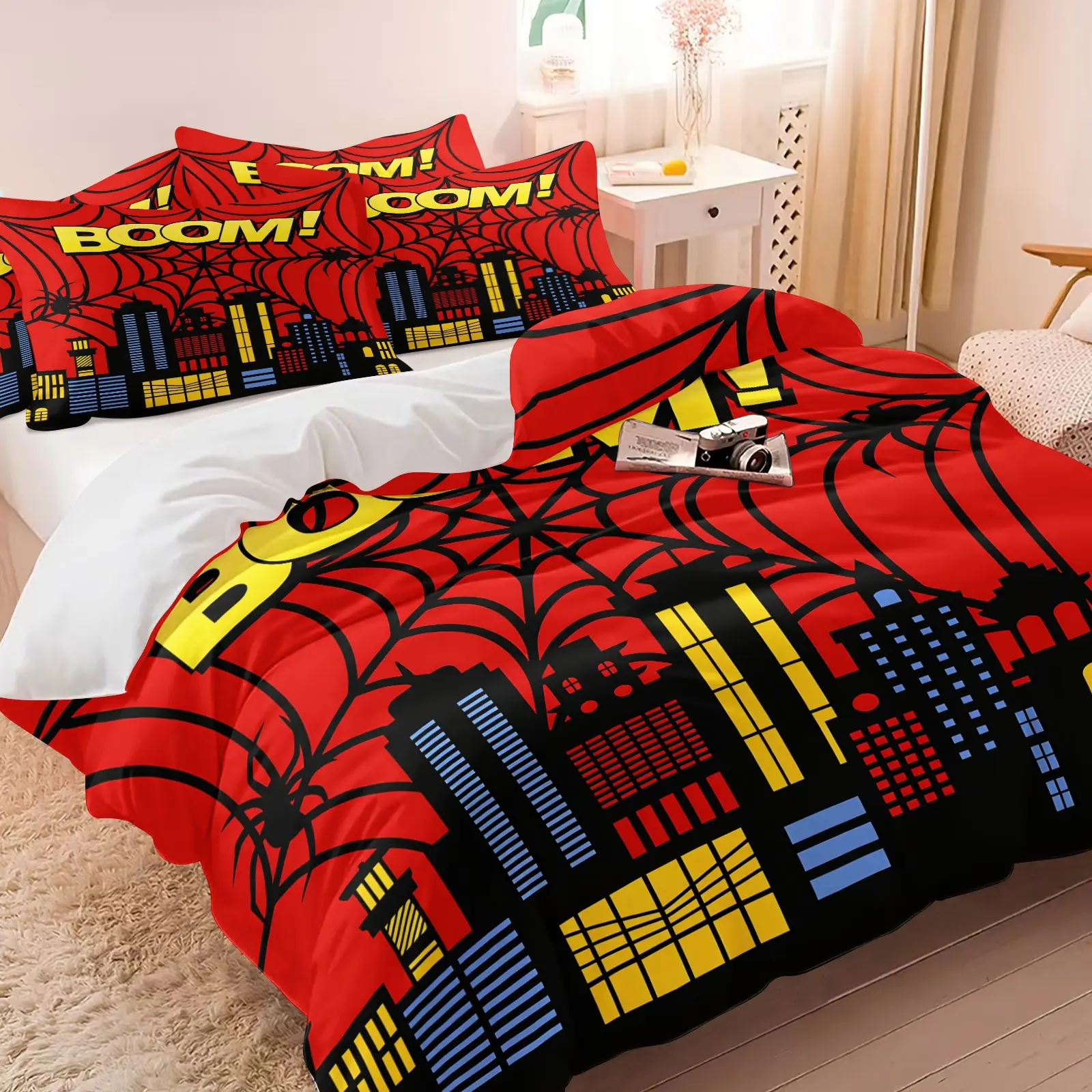 Red Spider Web Boom City Duvet Cover Set (1 Duvet + 1/2 Pillowcases, No Core), Soft All-Season Fabric, Superhero Comic Print Theme Bedding Set for Boys Bedroom & Dorm Decor, Complete Set, Bed Sets Supplies
