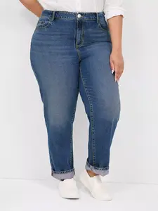 Plus Size Blue Comfortable Straight Leg Denim Jeans, Casual Fashion Versatile, Elastic Fabric Sexy Wear, High Waist Long Pants