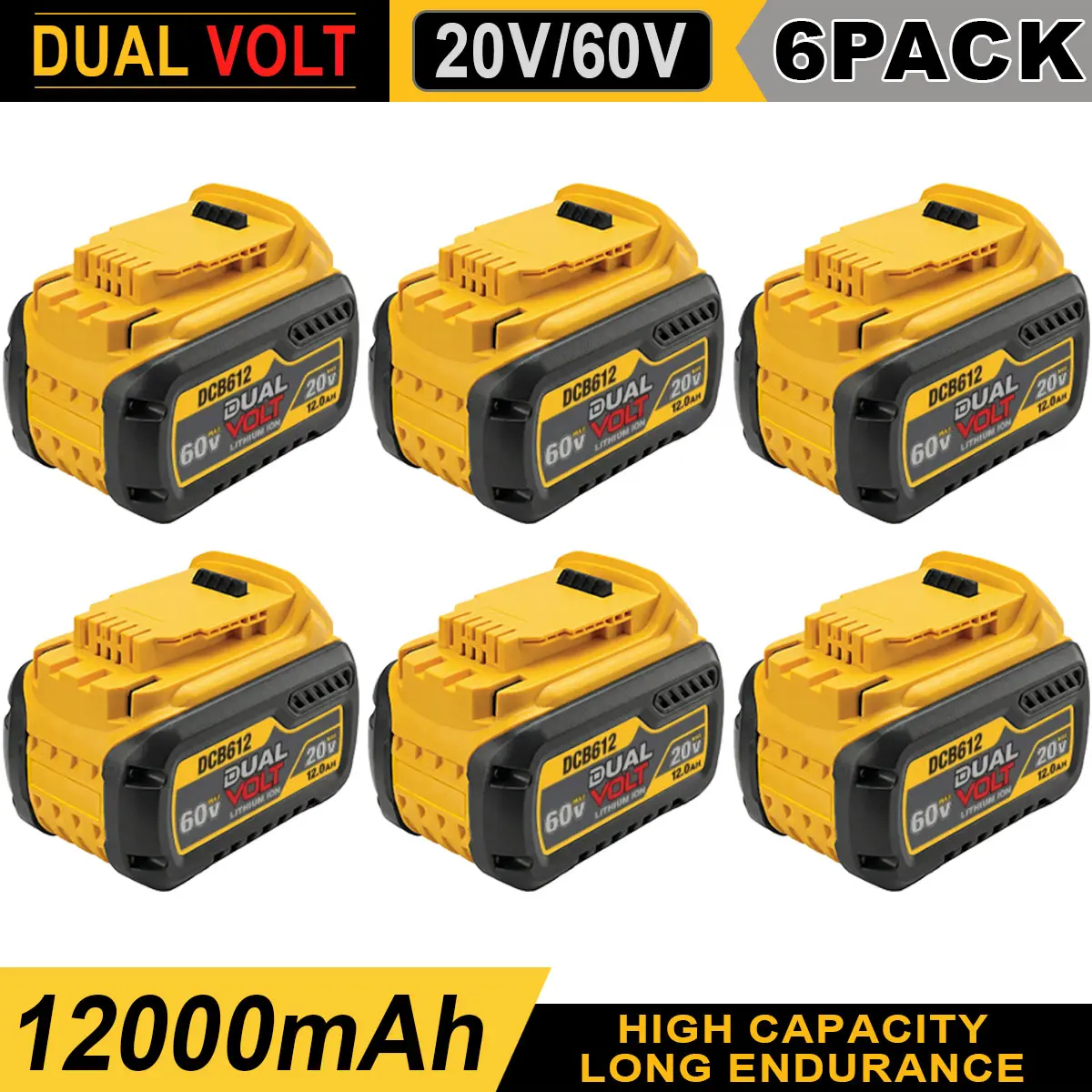 12.0Ah Li-ion High-Capacity Battery 6-Pack for Dewalt 20V/60V Max, Compatible with Flex-Volt DCB606 Series (DCB609, DCB612, DCB201, DCB200, DCB206, DCB207), Heavy-Duty Power Tool Accessory,toolupgrade