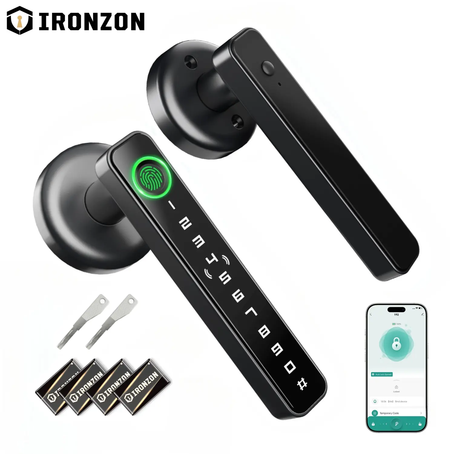IRONZON 5-in-1 Smart Fingerprint Door Lock with App, Passcode, IC Card & Key Entry, 100 Fingerprints Biometric Keyless Door Handle, Aluminum Alloy, for Home, Bedroom, Hotel & Office