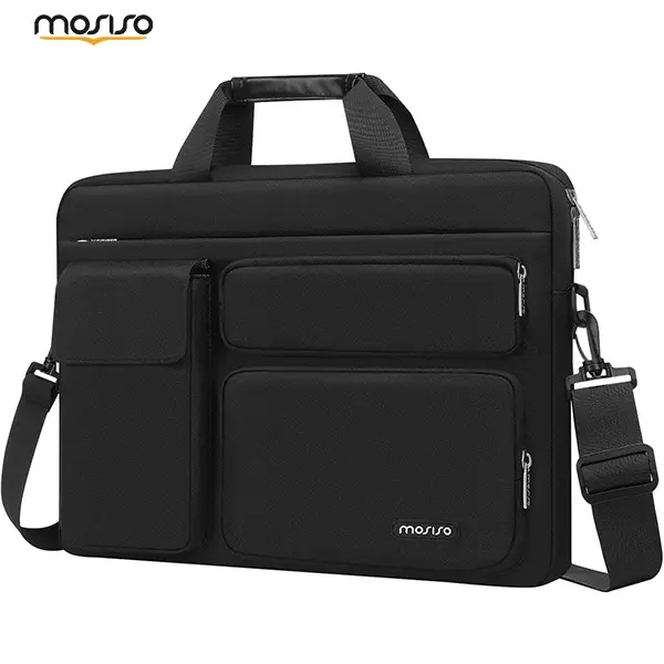 MOSISO Laptop Shoulder Bag 13-17.3 Inch, Padded Computer Briefcase with 4 Front Pockets, Adjustable Shoulder Strap and Luggage Strap for Men Women, Multi-Pocket Laptop Messenger Bag for Work Business Travel
