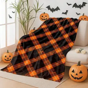 1pc Plaid Print Flannel Blanket - Soft Warm 280gsm Heavyweight All-Season Cozy Throw, Orange Brown Plaid Pattern Camping, Travel, Home, Office & Car - Washable Durable Multi-Use Blanket, Autumn Halloween (Bulk Available)