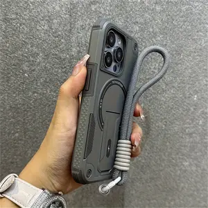 Luxury Magnetic Folding Stand Phone Case+Wristband, Suitable for iPhone 17, 16, 15, 14, 13, 12, 11 Pro Max 16, 15, 14 Plus Silicone Shockproof Protection Case, Military Grade Drop Protection Case, Shockproof Phone Cover