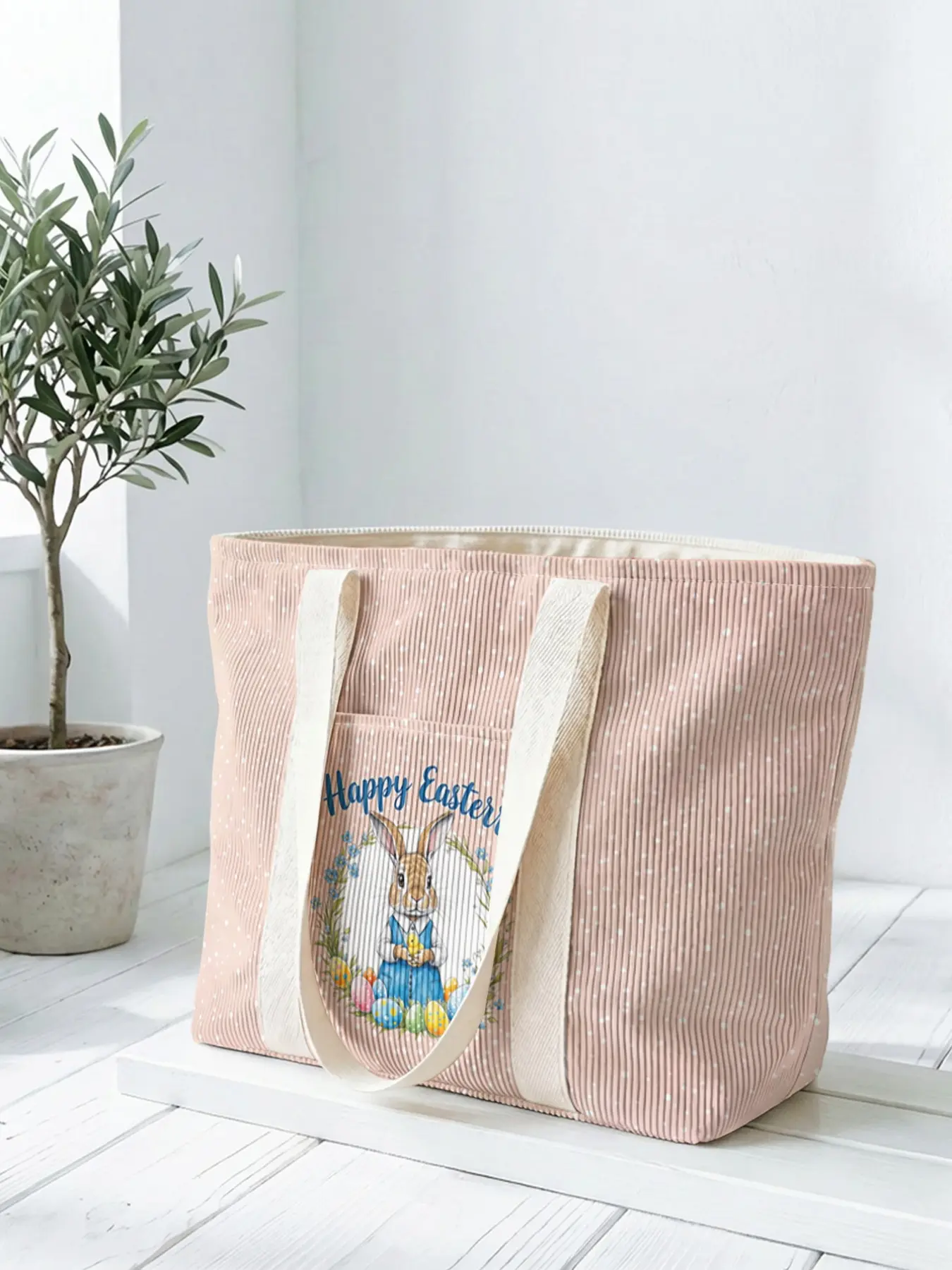 1 Easter bunny 'HappyEaster' 2D print tote bag, large capacity space|Commuting/shopping/working all-purpose|Carry the gentleness and faith of Easter in your hands, Easter