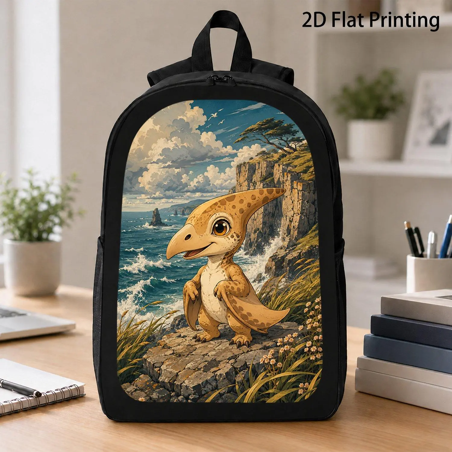[17 Inch Backpack] Cute Pterodactyl Standing On Ocean Cliff Print Backpack Coastal Scenery Dinosaur Art Backpack Trendy Seascape Print Backpack Teen School Carry Accessory