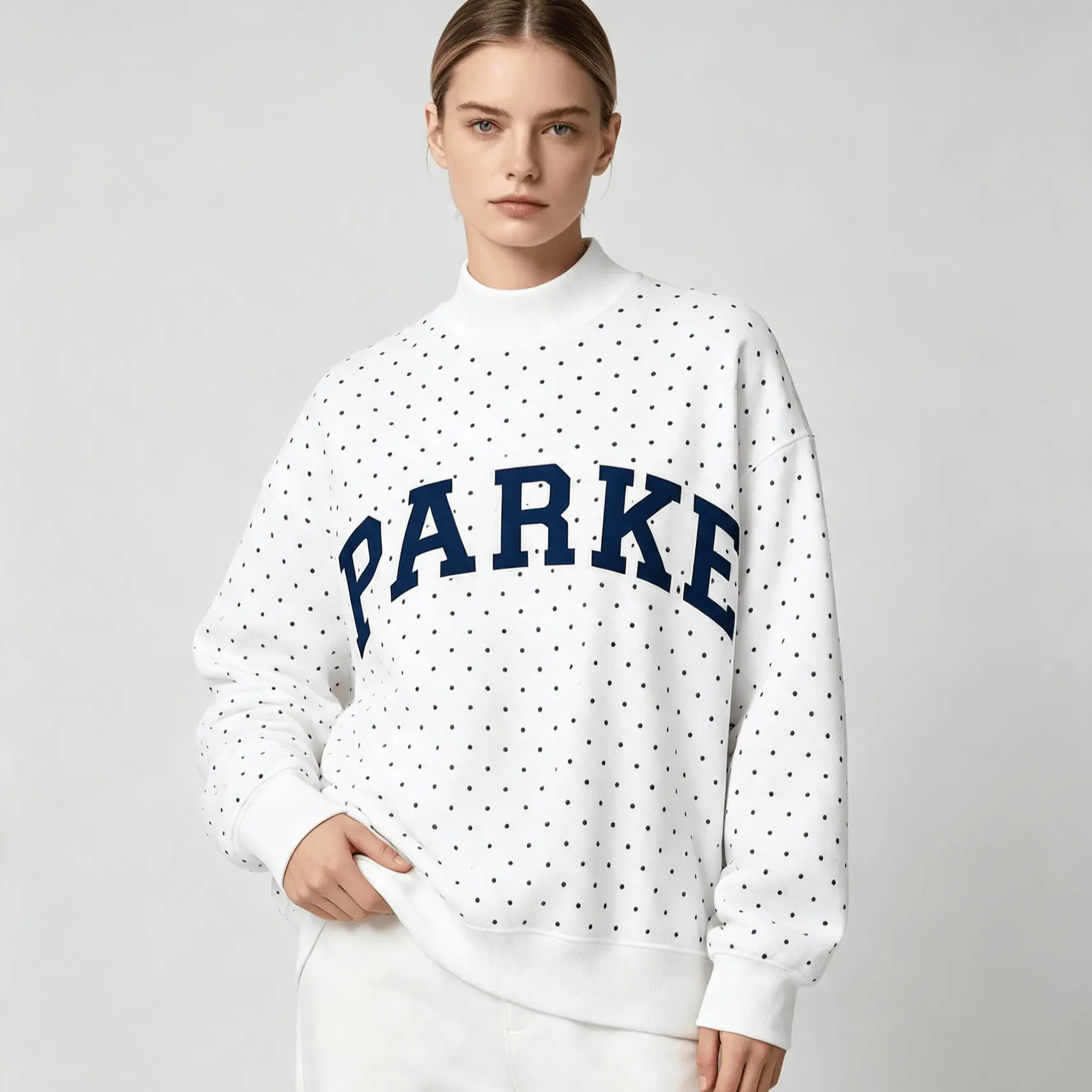 PARKE Women Stand‑Collar Polka Dot Sweatshirt, Oversized Letter Embroidery Long Sleeve Loose Casual Pullover Tops