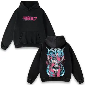 Hatsune Miku Cosplay Chainsaw Man Anime Vintage Oversized Print Washed Graphic Hoodie, Retro Y2K Double-Sided Printed Oversize Anime Manga Acid Wash Graphic Sweatshirt, Unisex Fit Casual Cotton Streetwear Otaku Sweater, Gift For Fan Anime Lover Top Merch