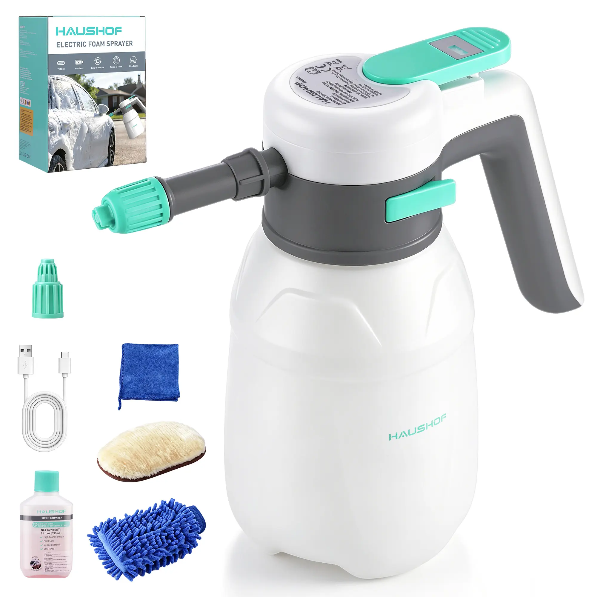 #summersale HAUSHOF 1.8L Electric Foam Sprayer, USB Rechargeable with 11 fl oz Car Wash Liquid, Cordless Automatic Pressurized Foam Sprayer for Car Washing, Auto Detailing, Home & Garden