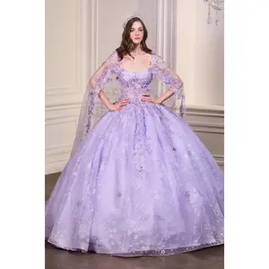 Ladivine 15719 Long Poofy Quinceanera Gown With Tulle Cape