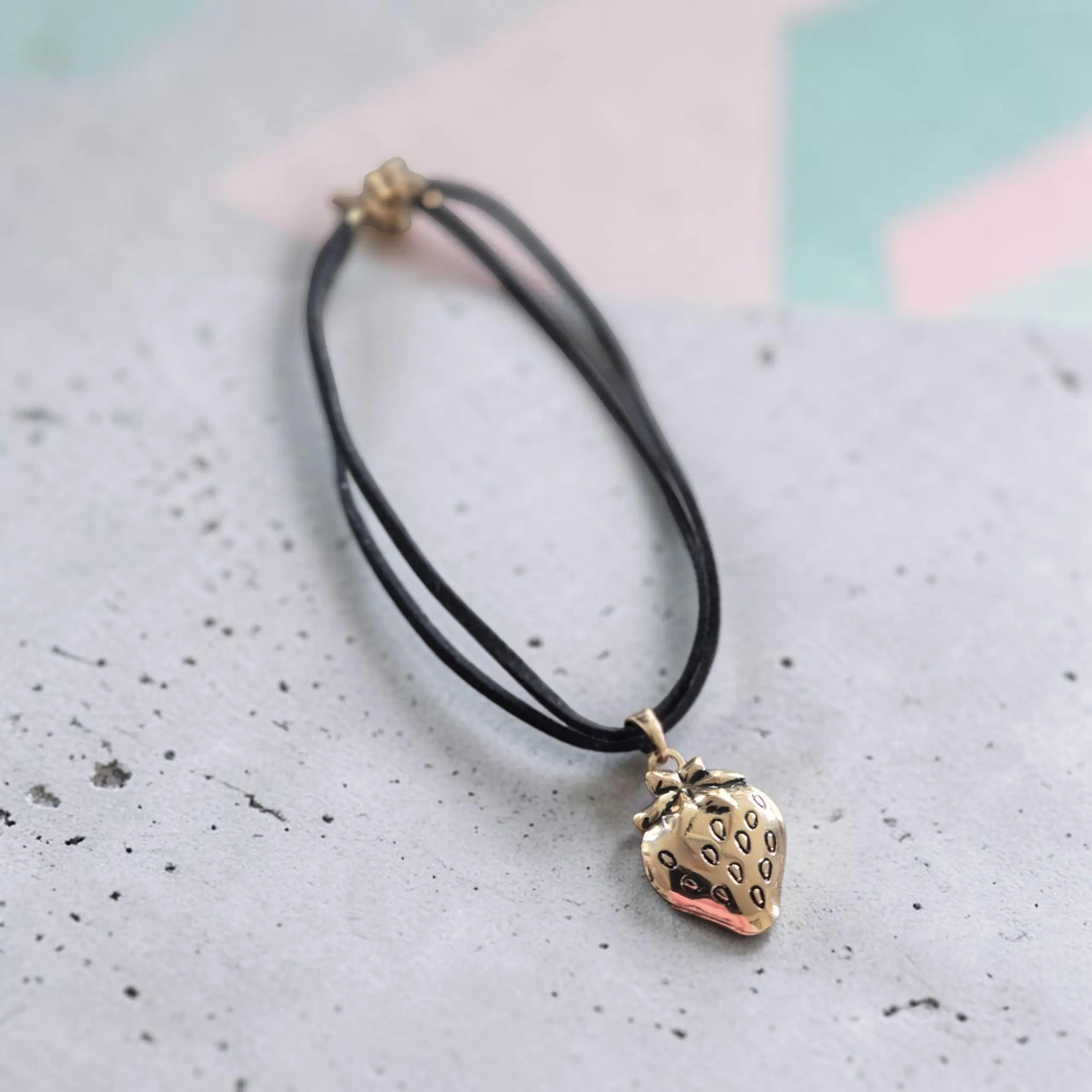 Golden Strawberry Locket on Black Double Choker Necklace
