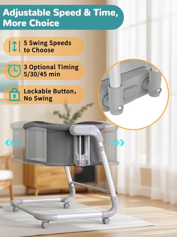 Electric Rocking Bassinet for Baby – Automatic Bluetooth-Enabled Smart Crib with Wheels, 4-Height Adjustable Bedside Sleeper, 5-Speed Swing for Newborns & Infants