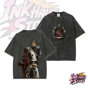 Warhammer 40,000 showcases visual elements of the Black Templars chapter from the Imperial Astartes Order—a Short Sleeve Cotton Unisex Retro wash Tee.
