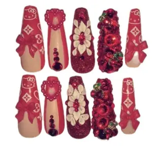 Coquette Style Red Rhinestone Press-On Nails - Stylish Design with Various Eye-Catching Accents, Includes No Additional Accessories