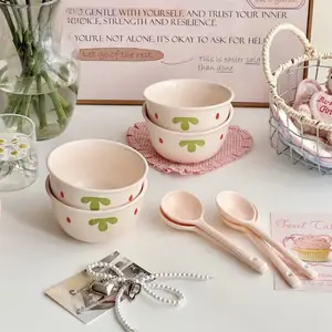 2/4Set Cute Pink Strawberry Ceramic Bowl Kawaii Ceramic Anti-scald Soup Bowl Home Kitchen Noodle Ramen Tableware Bowl