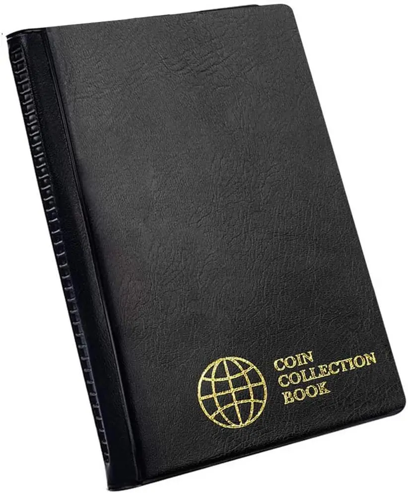 Black Acid-Free PVC Artificial Leather Coin Album with Cover - Home Supplies Storage Book, Collectibles Decor Gift, 60 4.5cmx4.5cm (1.8inx1.8in) Pockets for Penny Collectors