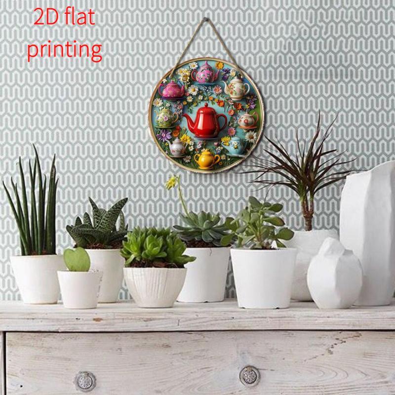 Teapot Pattern Round Wooden Sign, Teapot Theme Hanging Decor, Wall Hanging Decor for Home, Office or Living Room, Ideal Gift, Hangable