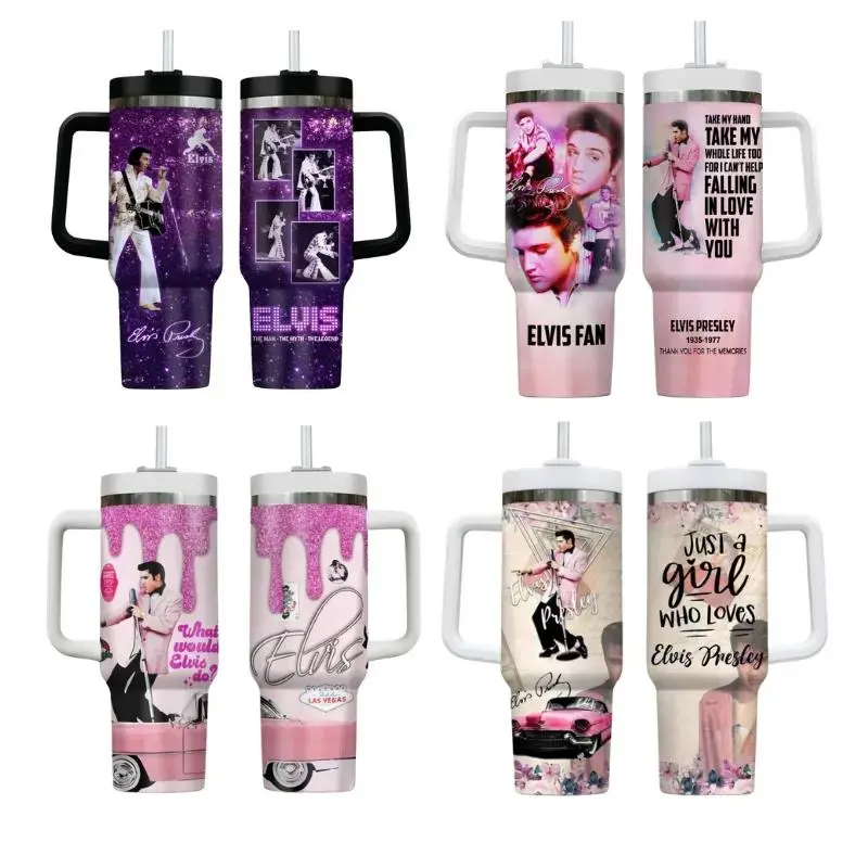 Retro Legends Elvis Presley Tumbler 40oz With Handle, Rock And Roll Tumbler, Insulated Cup Fan Drinkware Gift, Gift for fan