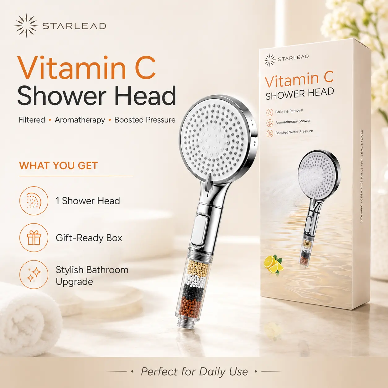 STARLEAD Vitamin C Filter Shower Head, 3-Mode High Pressure Handheld Shower Head with Mineral Beads, Water Saving Spa Shower Head for Softer, Fresher Daily Showers