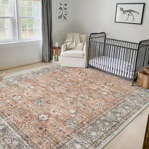 Washable Area Rug 8x10 - Large Boho Living Room Rugs  Terracotta Rug for Bedroom, Non-Slip Retro Floral Carpet Print Distressed Accent Carpet for Dining Room Home Office